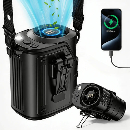2026 New Waist Portable Fan,Handheld Neck Mini Desktop Fan,Emergency Power Bank Function,5000mAh 10H Long Lasting,100 Speed Adjustable,LED Flashlight&SOS Light,Type-C Rechargeable Ultra Quiet Fan For Camping Outdoor Work Travel Dorm Truck Ideal Gift
