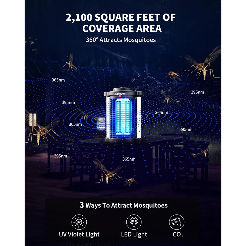 Minimoon Bug Zapper Outdoor Mosquito Zapper with Dual LED Light 4200V Fly Zapper 15W Electric Fly Traps Outdoor IPX4 Insect Trap