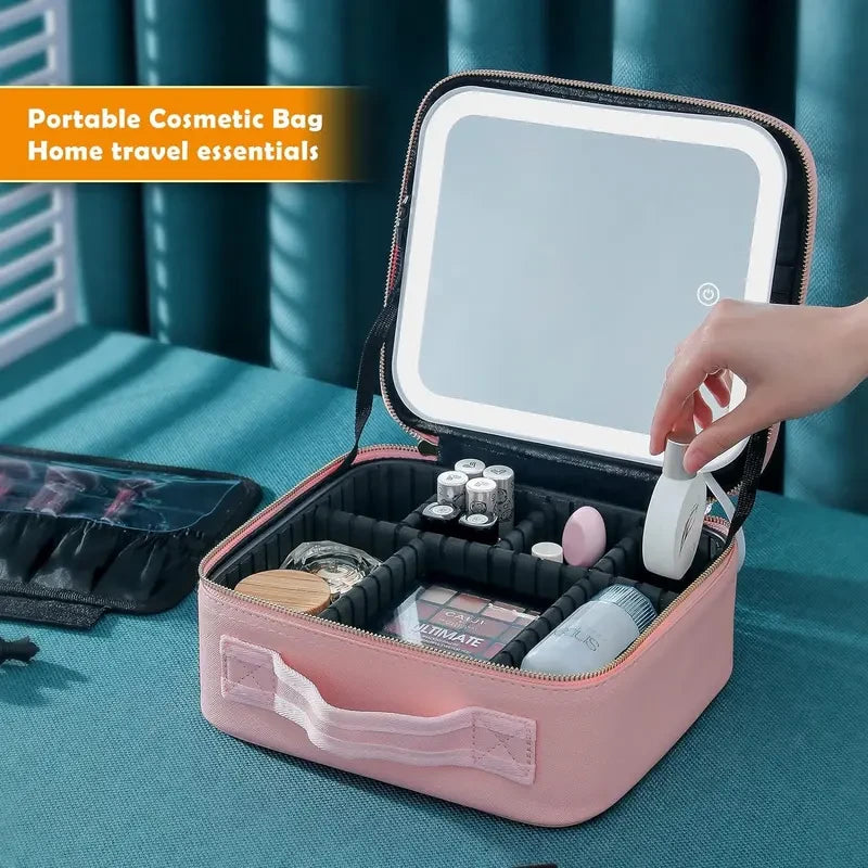 Lighted Travel Makeup Bag with LED Mirror & Adjustable Dividers