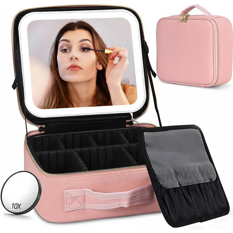 Lighted Travel Makeup Bag with LED Mirror & Adjustable Dividers