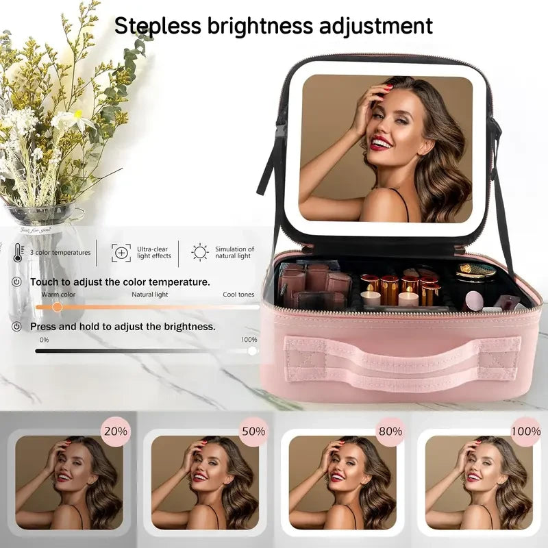 Lighted Travel Makeup Bag with LED Mirror & Adjustable Dividers