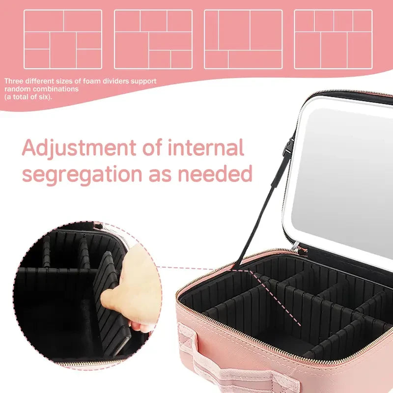Lighted Travel Makeup Bag with LED Mirror & Adjustable Dividers