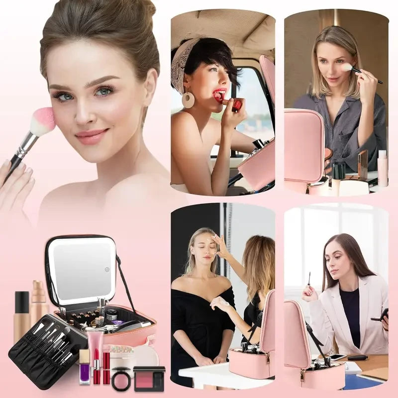 Lighted Travel Makeup Bag with LED Mirror & Adjustable Dividers