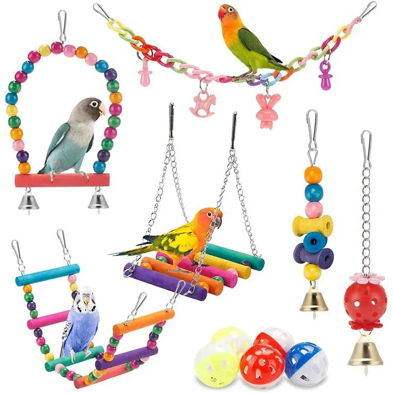 11-Piece Parrot Toy Set | Swing, Ladder & Chew Toys