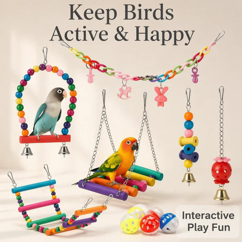 11-Piece Parrot Toy Set | Swing, Ladder & Chew Toys