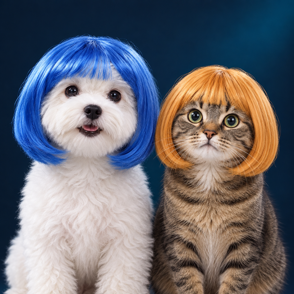 Dog and cat wearing pet bob wigs