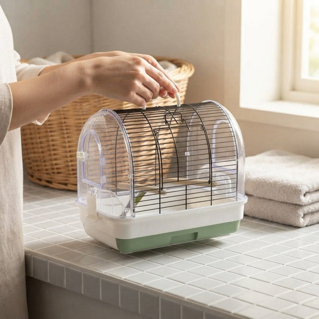 Portable Small Bird Travel Cage – Lightweight Carrier with Wooden Perches for Budgies, Finches & Parakeets